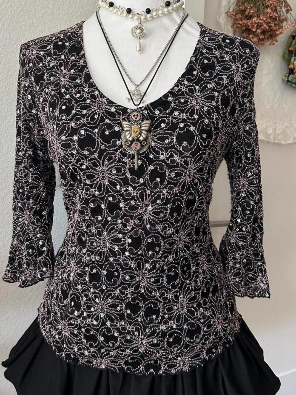 Y2K Brittany Black Fairy Micro Mesh 3/4 Sleeve Top